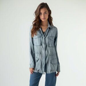 ❤️ BB Dakota Blue  Chambray Denim Hooded Jacket Sz XS Tencel Lightweight Cinched